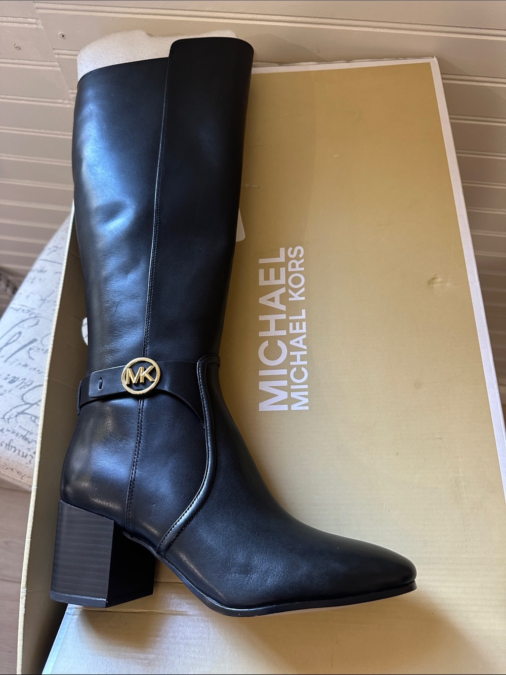 MICHAEL Michael Kors Black Leather Knee-High Block Heel Boots 6.5
